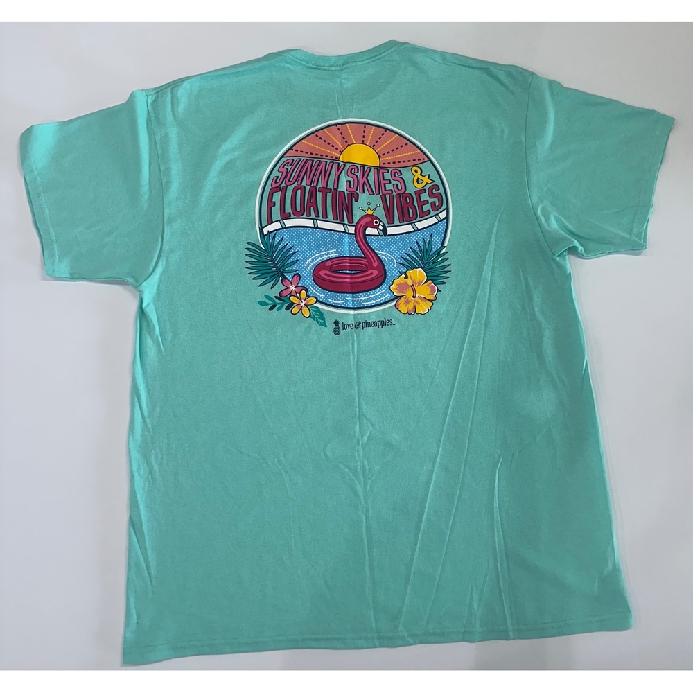 Love & Pineapples Sunny Skies Floatin Vibes Flamingo Graphic T-Shirt Mint XL
